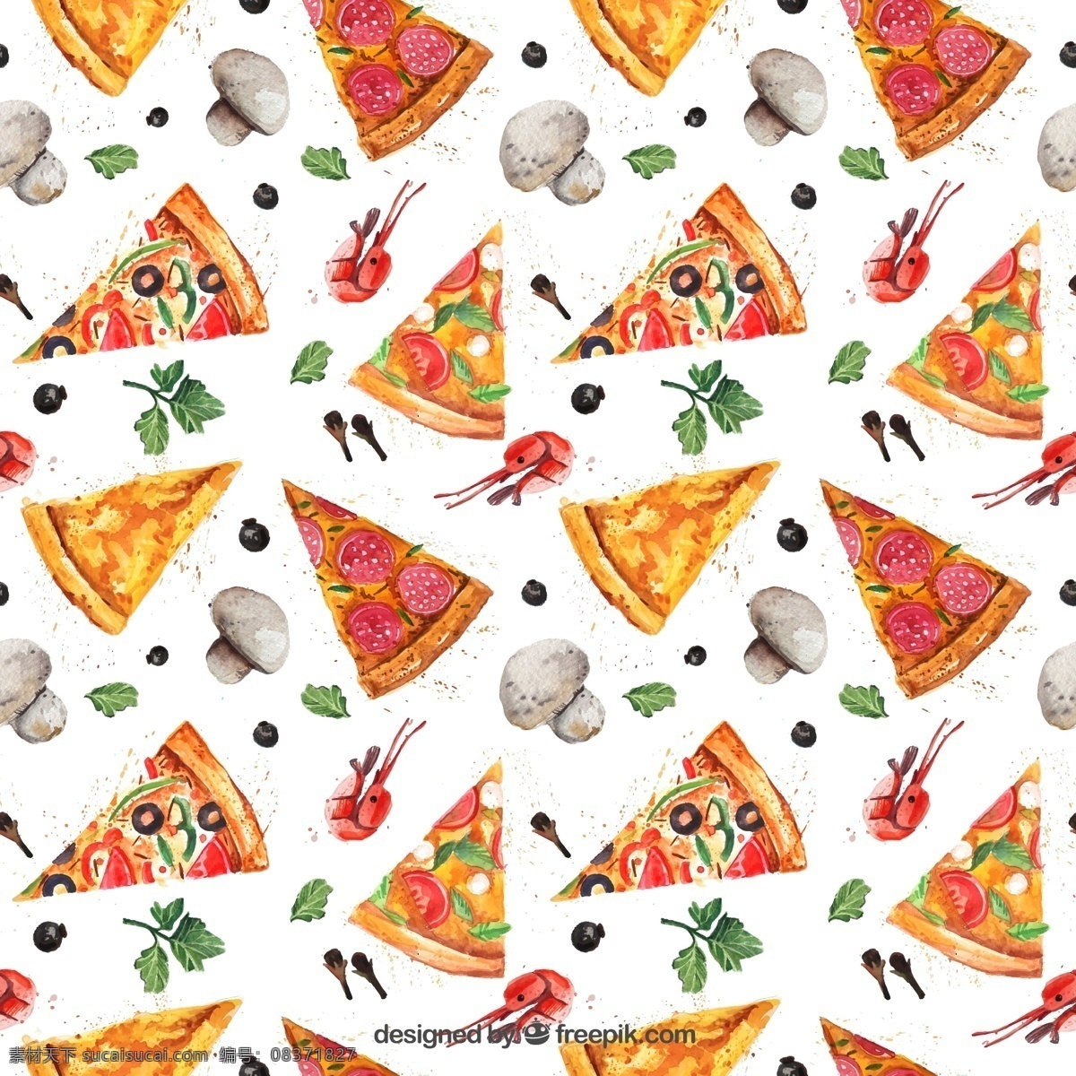 披萨无缝背景 披萨背景 三角披萨饼 快餐食品 无缝背景 蘑菇 披萨 快餐 白色