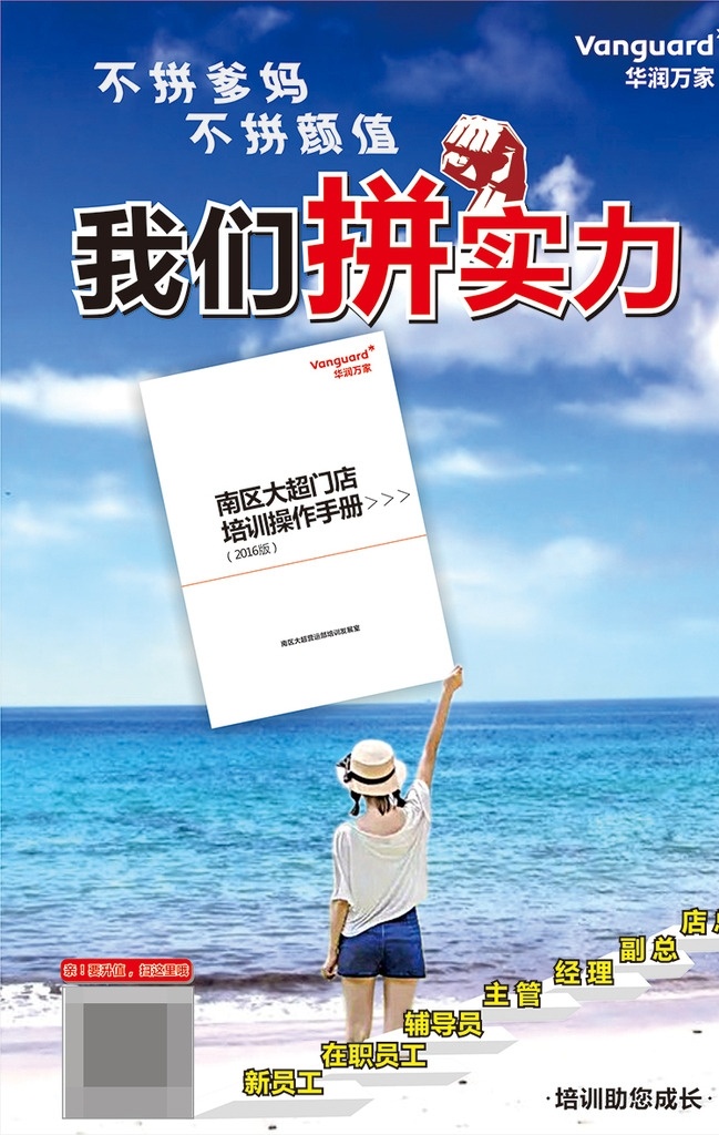 培训宣传单 培训操作手册 招聘 宣传单 dm单 我们拼实力 不拼爹妈 不拼颜值 大海背景 蓝色背景 华润 万家 logo dm宣传单