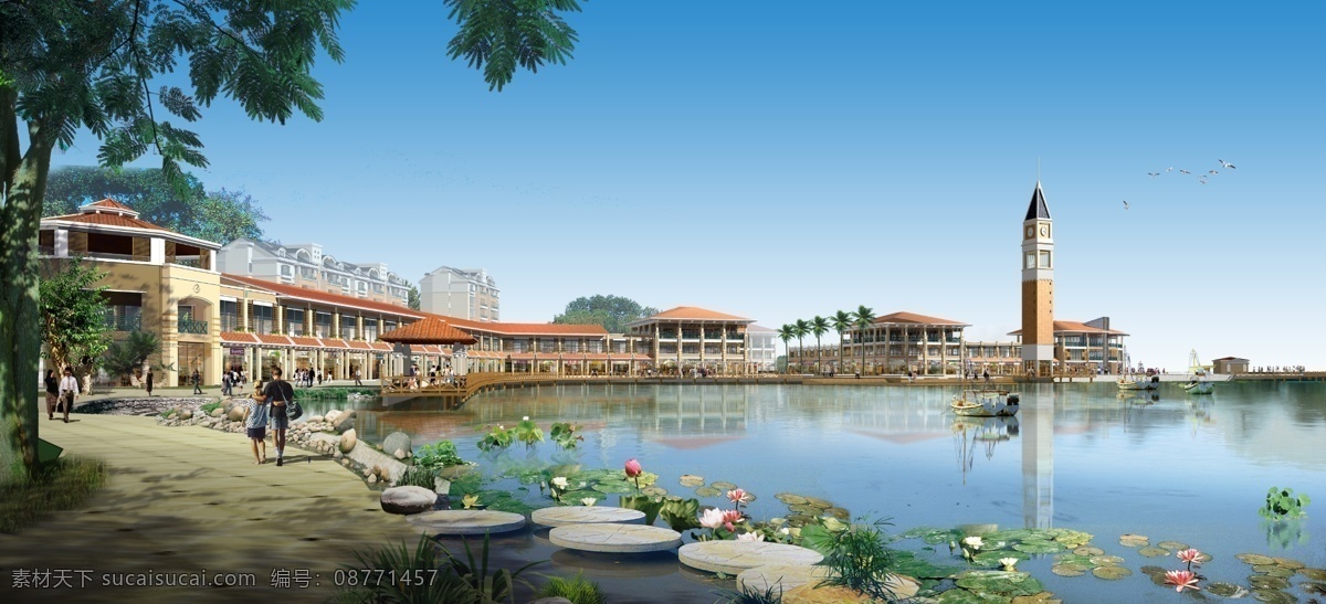 湖边 休闲 街 景观 湖泊 小船 荷花 飞鸟 石头 草地 树木 房屋 建筑物 蓝色天空 环境设计 景观设计