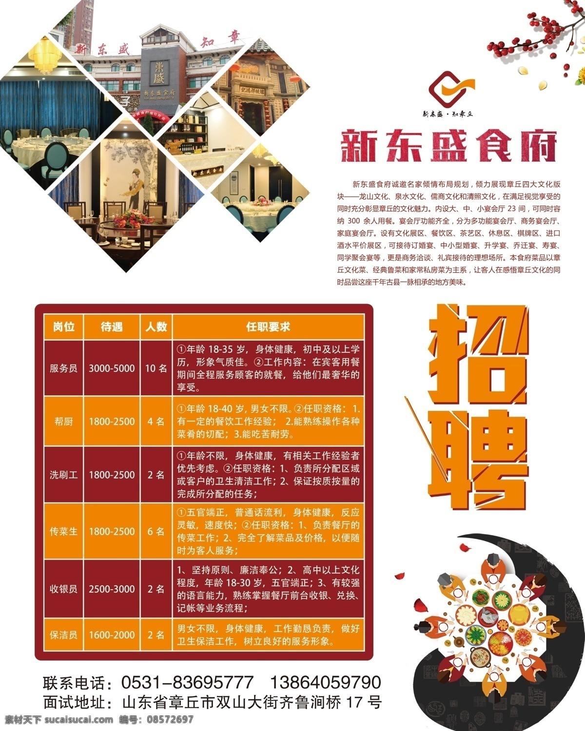 新 东盛 美食 招聘 餐饮 海报 线条 招聘素材 招聘设计 招聘海报 白色