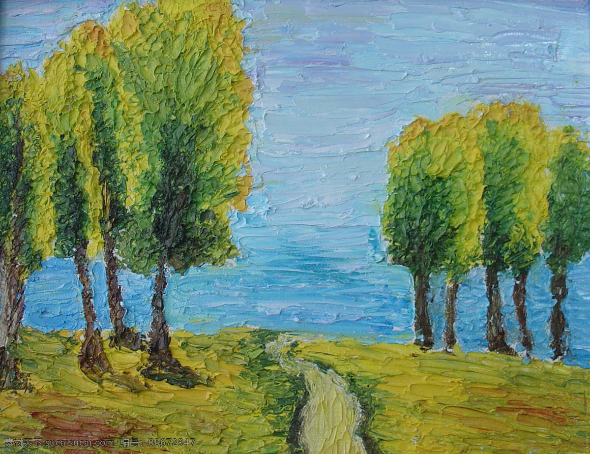 油画 草地 池塘 广告设计素材 湖面 绘画书法 树木 水粉画 油画设计 水面 小路 文化艺术 家居装饰素材