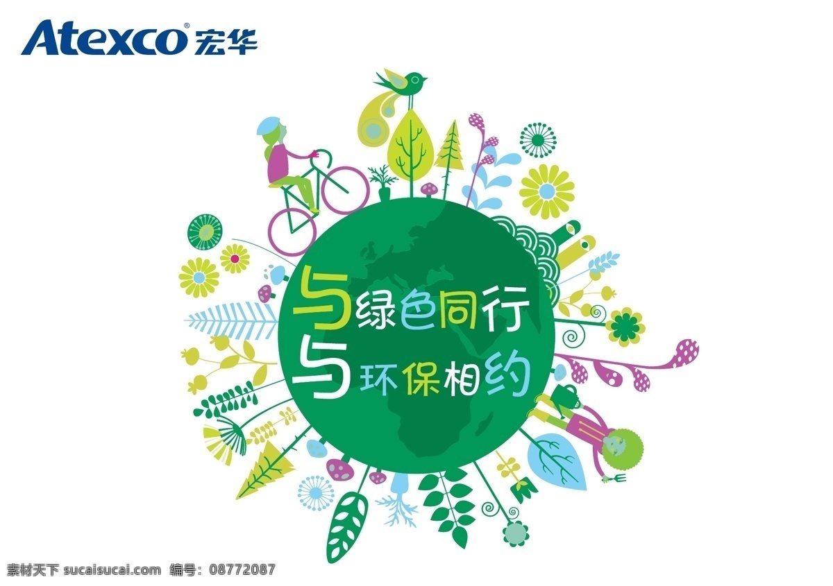 环保不干胶 环保 绿色行动 环保同行 人物 自行车 植树 环境 污染 环保日 低碳出行 不干胶 广告 花草 矢量