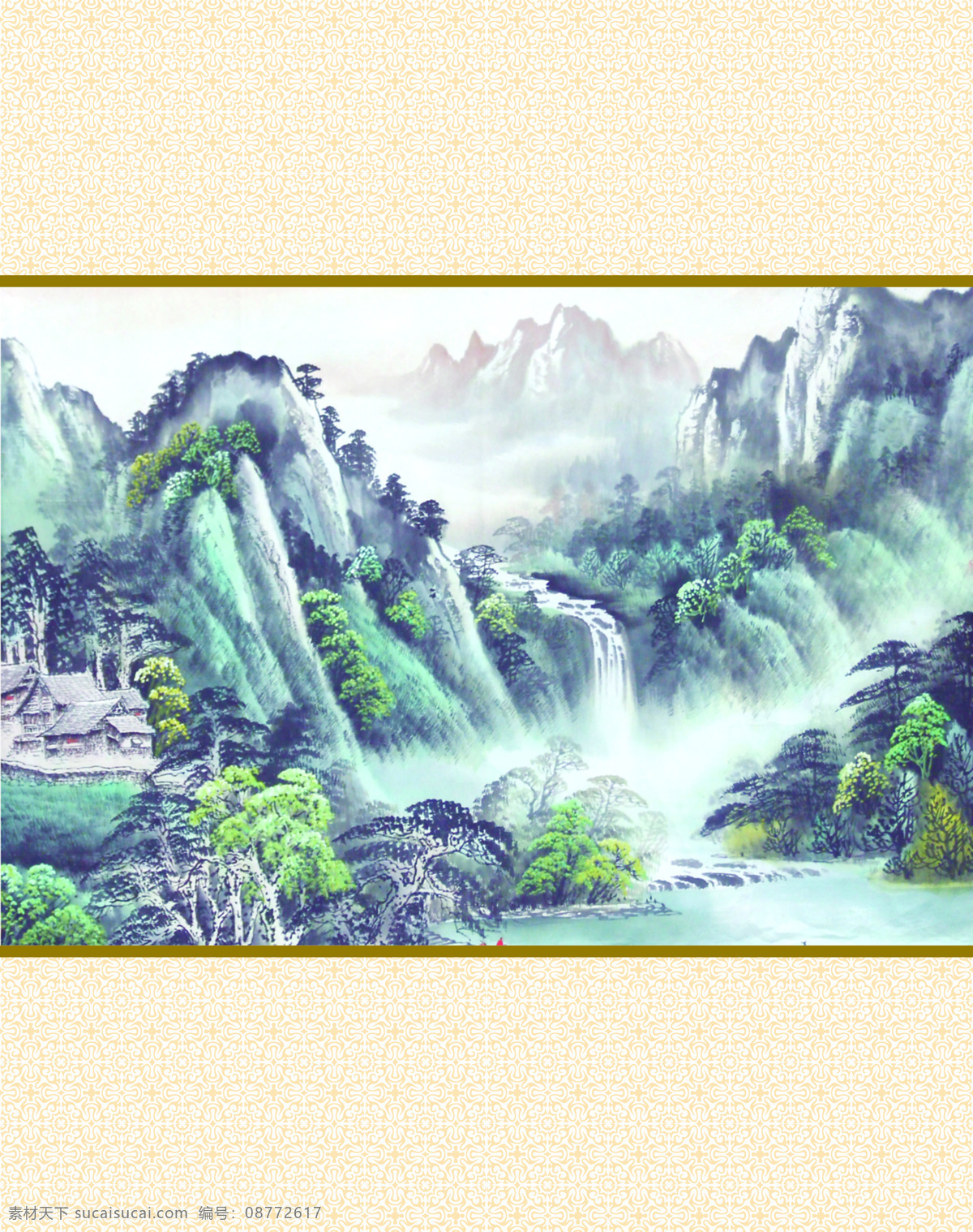 高山流水 移门 风景 国画 金色边框 流水 山峰 树木 水墨画 云 y005 索亚卡18 移门大全18 家居装饰素材