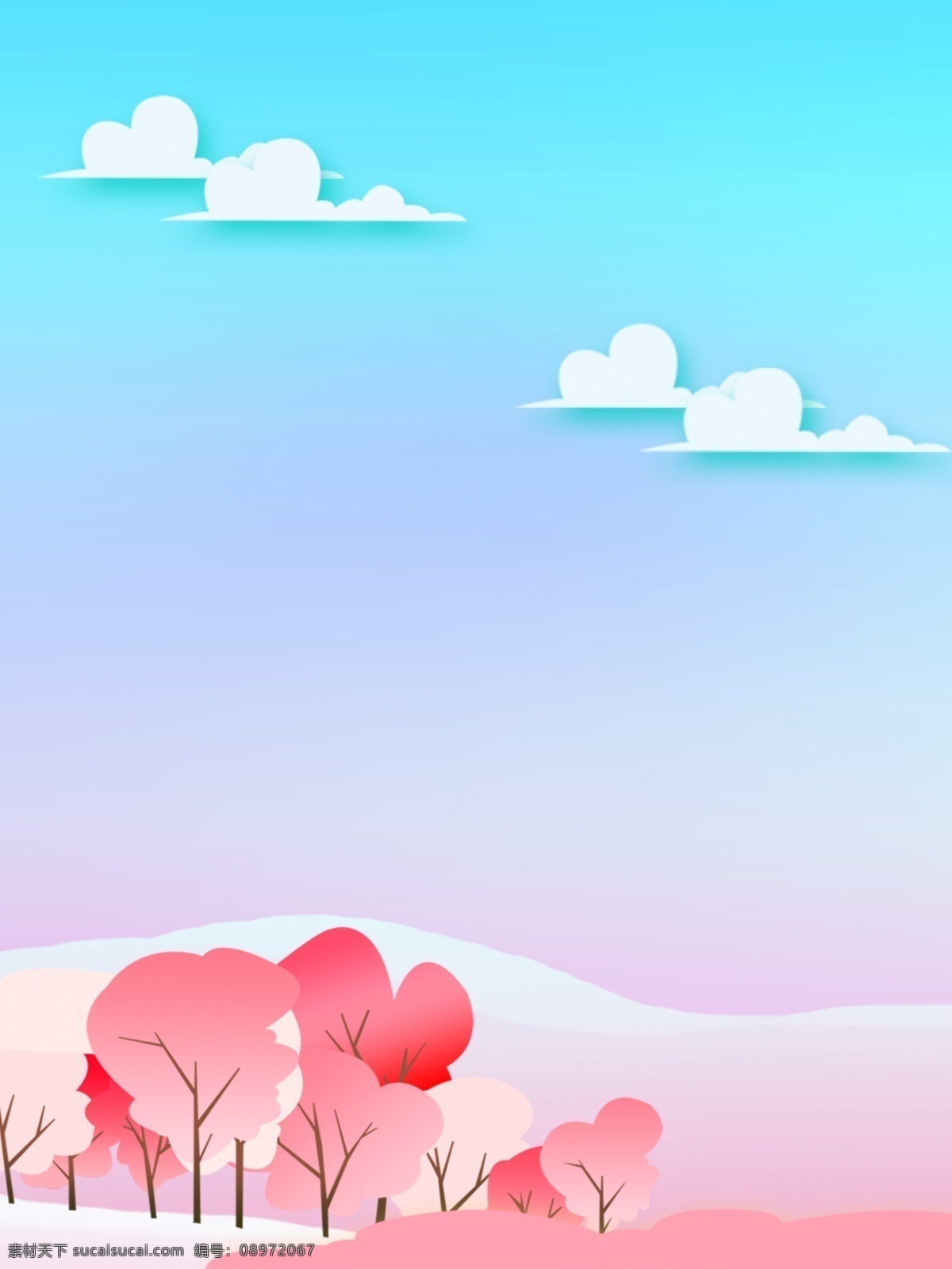 纯 原创 手绘 浪漫 雪景 清新 背景 白云 蓝天 冬季 山脉 树