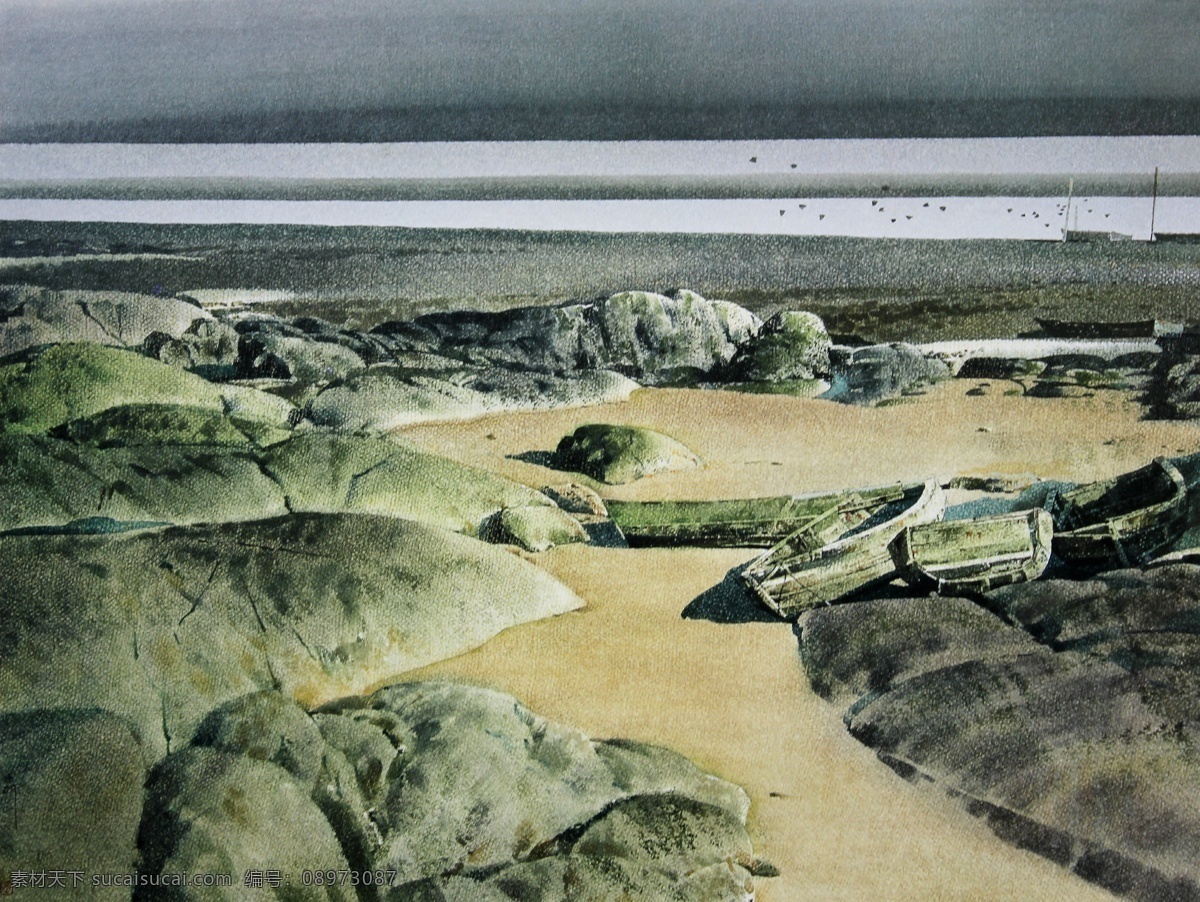 水彩画 海滩 水彩 风景 水彩风景画 船 破船 木船 渔船 海岸 沙滩 礁石 海平线 海水 刘寿祥水彩 绘画书法 文化艺术