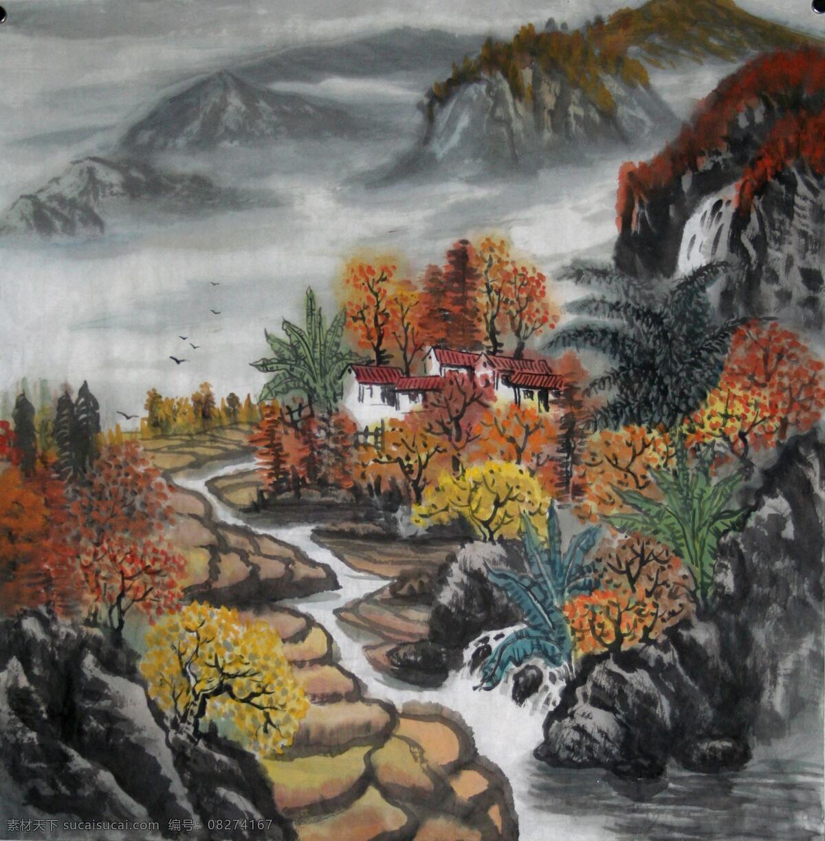 小溪山水画 山水 红叶 树木 灰色