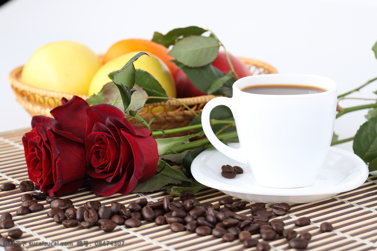 水果 鲜花 咖啡 新鲜水果 红玫瑰 咖啡杯子 玫瑰花 花朵 美食图片 餐饮美食