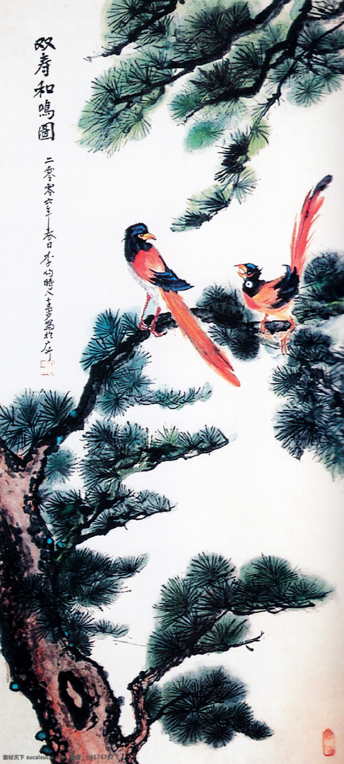 国画艺术 花鸟画 绘画 绘画书法 书法 松树 文化艺术 双寿和鸣图 中国画 现代国画 红鸟 红色羽毛 鸟语 印章 国画集12 装饰素材 雕刻 图案