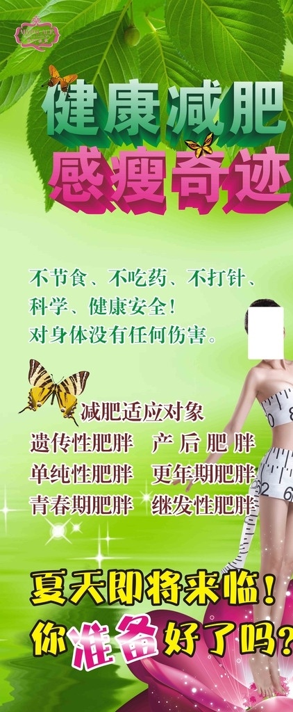 健康减肥展架 蝴蝶 减肥美女 美女 花 绿叶 星光 水面 绿底 背景