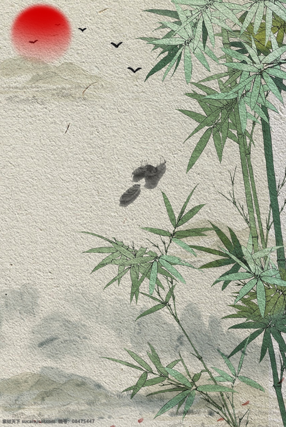 复古 质感 工笔画 背景 中国风 竹子 山水 渔船 红日 飞鸟