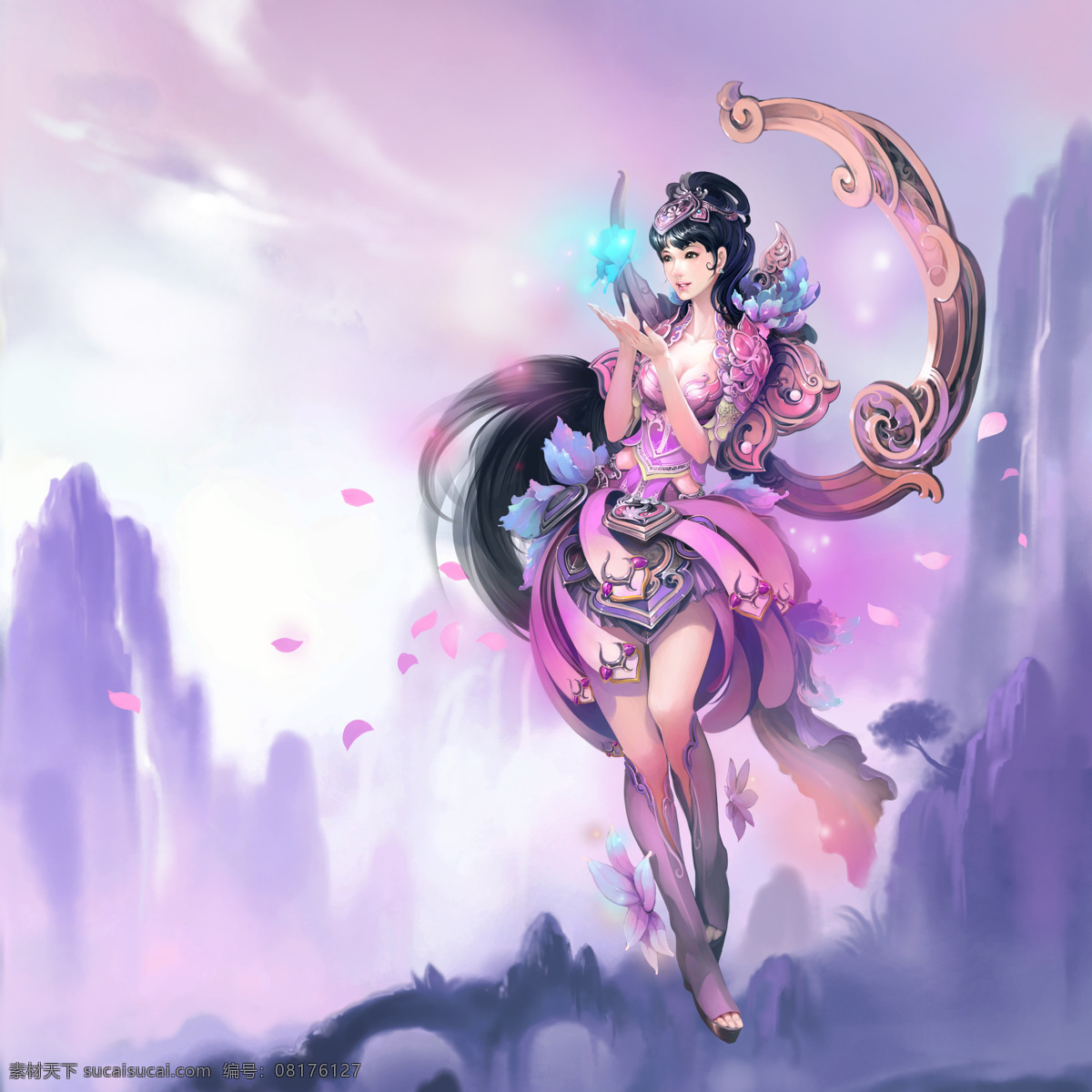 游戏美女 女孩 少女 服饰 头饰 长发 山峰 花瓣 天空 长靴 发型 裙子 动漫人物 动画 美术绘画 绘画书法 文化艺术