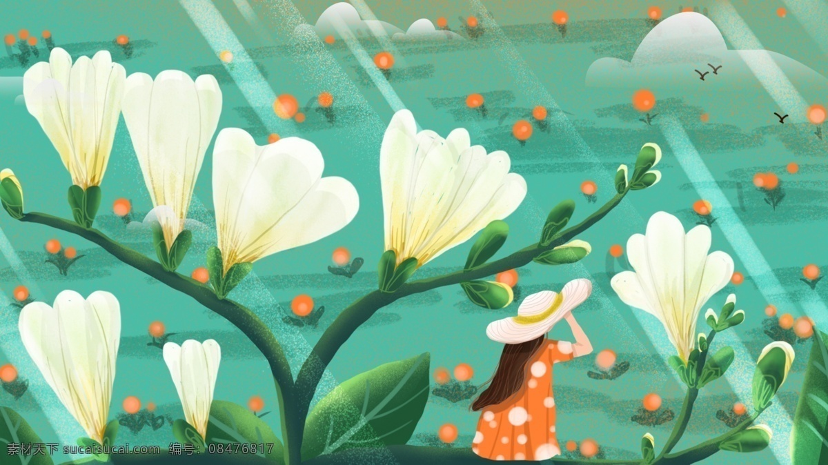 原创 春天 你好 坐在 开 满 鲜花 树枝 上 女孩 阳光 花朵 绿色