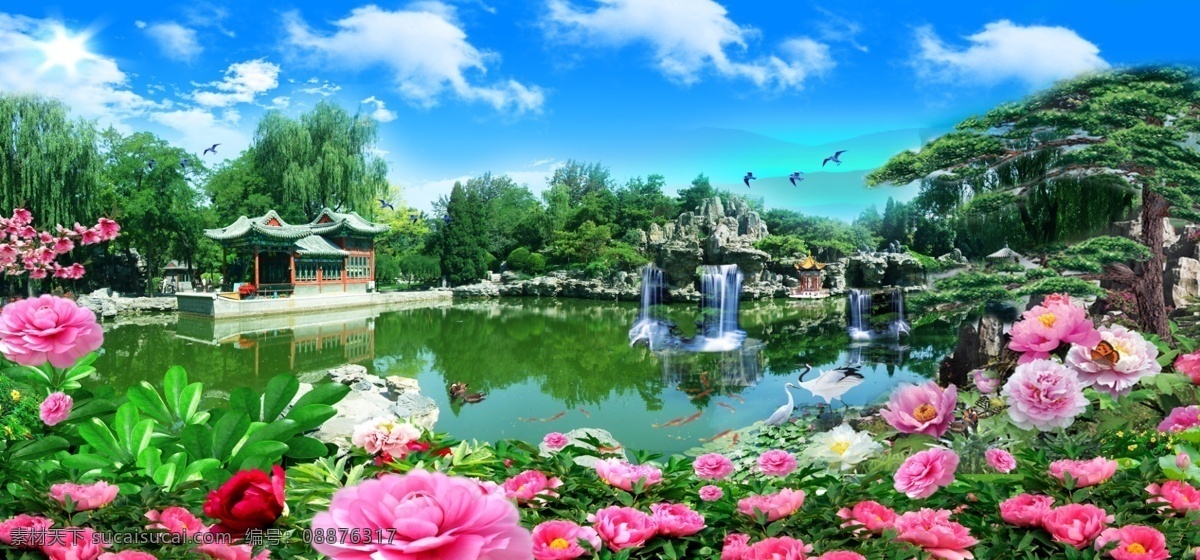 分层 风景 湖水 蝴蝶 假山 金鱼 蓝天白云 柳树 风景画设计图 山水画 山水 燕子 迎客松 鲜花 仙鹤 水鸭 亭子 源文件 家居装饰素材 山水风景画