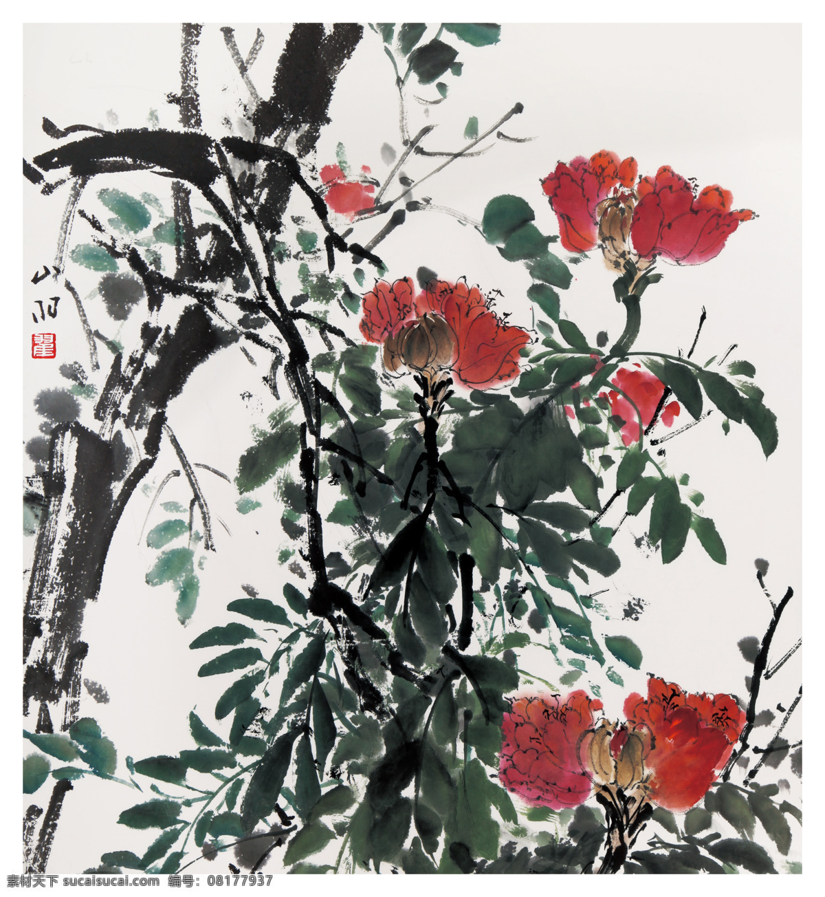 火焰花 翟俊峰 国画 牡丹花 红花 树 绘画书法 文化艺术