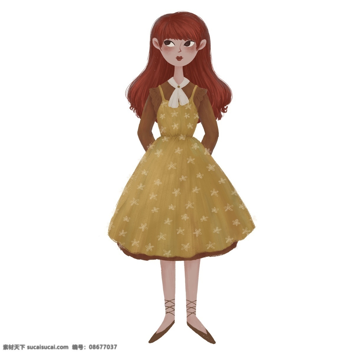 复古 肌理 可爱 穿着 连衣裙 少女 复古肌理 插画 女孩 人物 手绘 卡通