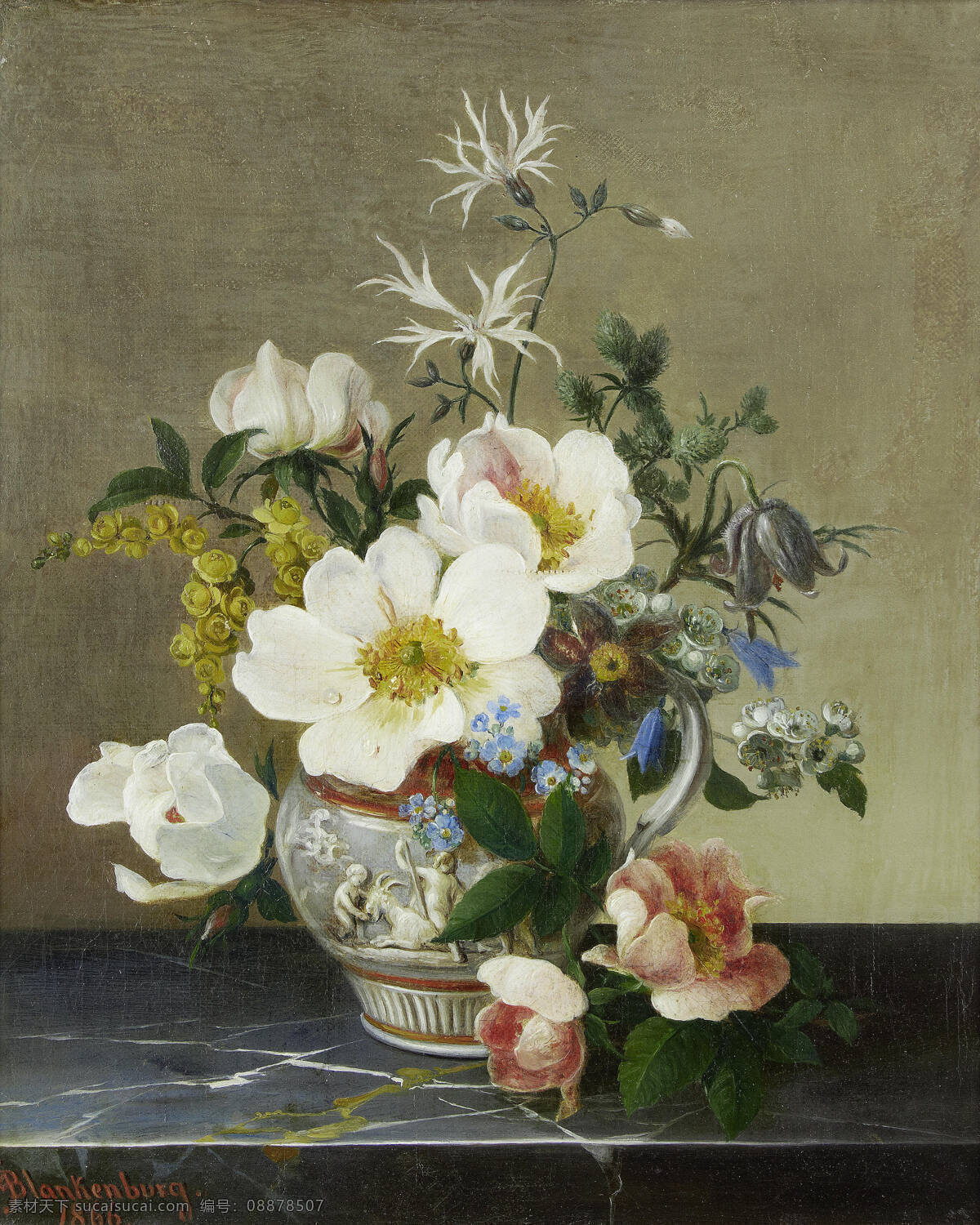 静物鲜花 混搭鲜花 永恒之美 大理石台子 白色理纹 19世纪油画 油画 绘画书法 文化艺术