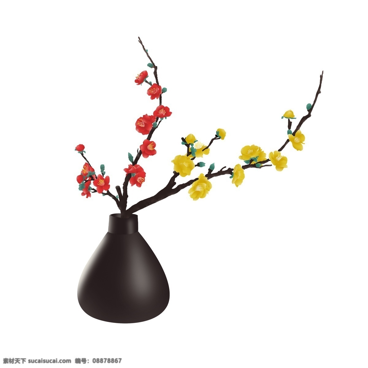 中国 风 手绘 梅花 花瓶 商用 元素 中国风 植物花卉 插画元素 红梅 复古写实
