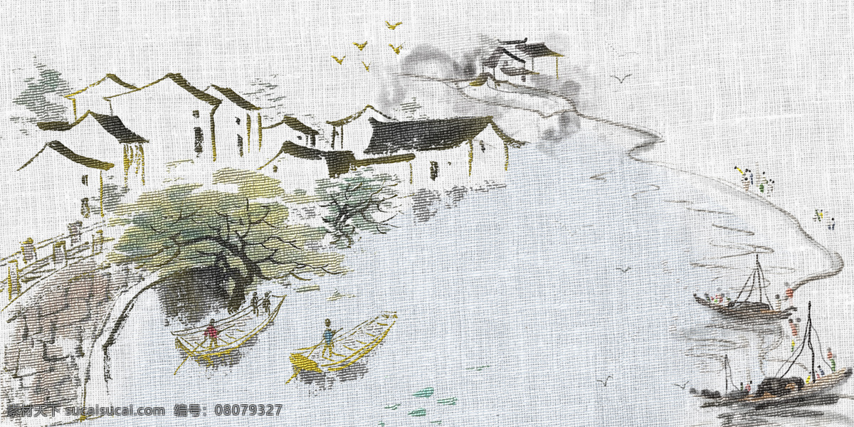 山水 复古 刺绣 效果 背景 海报 素材图片 海报素材 古风背景