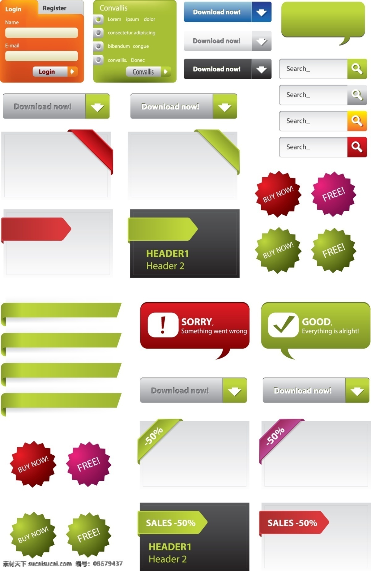 彩色 网页 应用 元素 矢量图 标签 登陆框 对话框 搜索栏 网页元素 下载按钮 网页应用 网页素材 网页模板