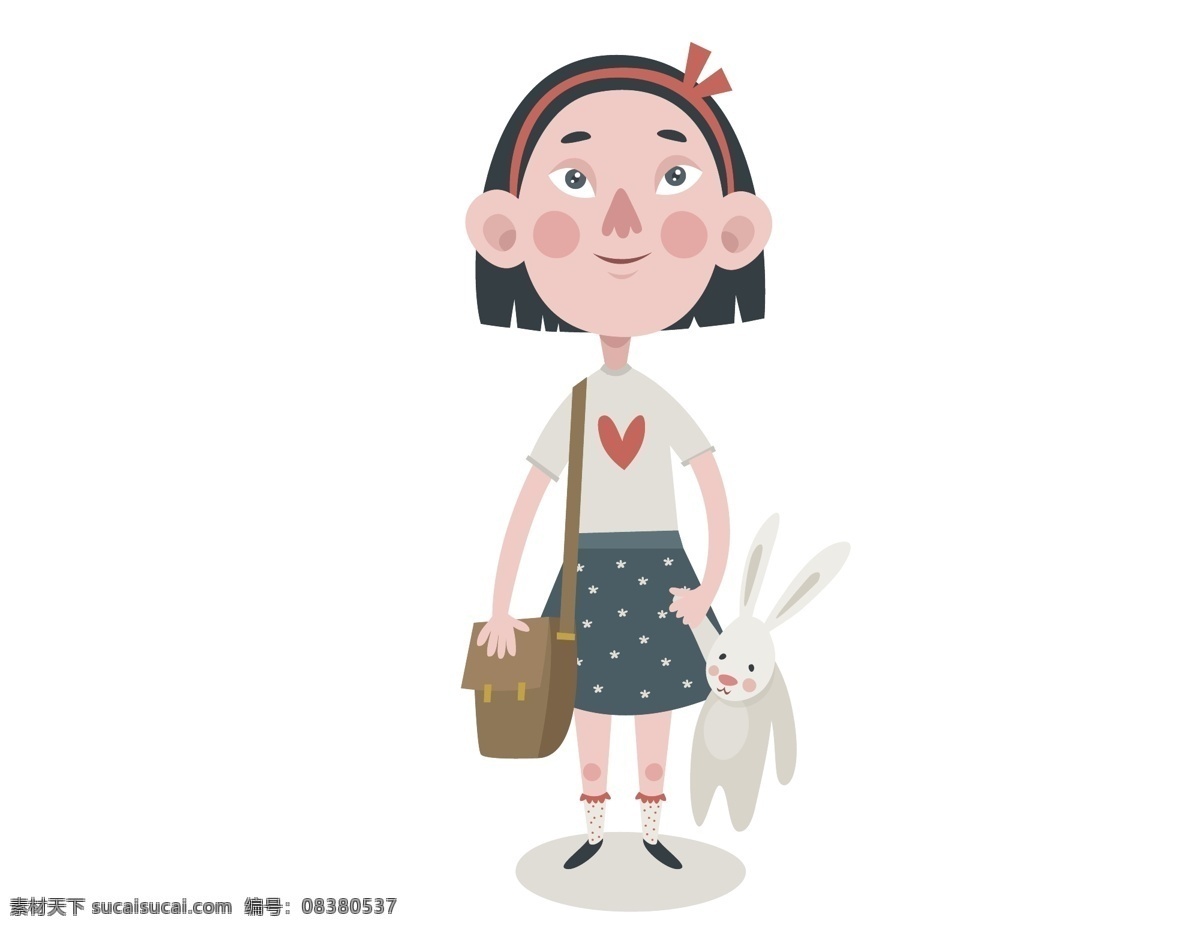 卡通 女孩 玩偶 玩具 可爱女孩 背包 矢量元素 手绘 心形衣服 可爱小兔子 ai元素