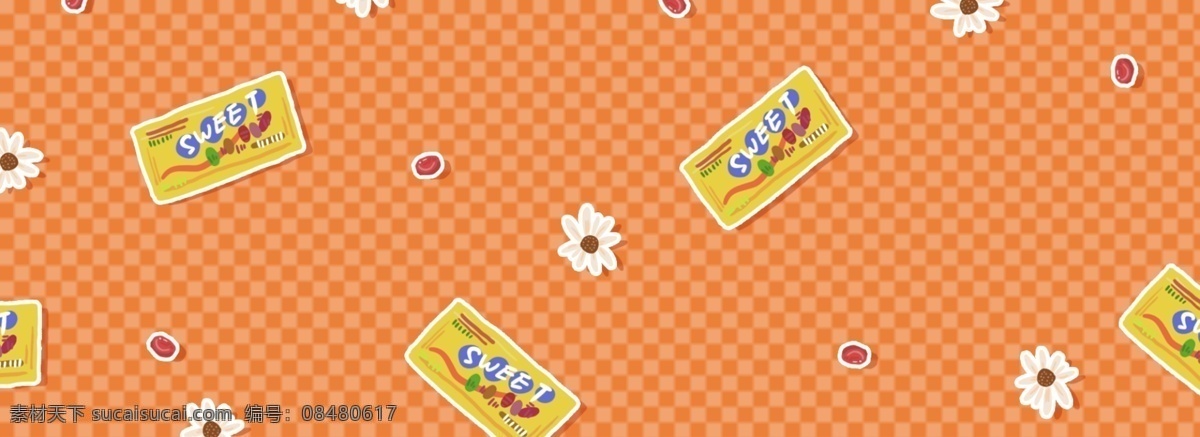 手绘 橙色 糖果 食物 banner 背景 黄色 小雏菊 甜点 硬糖 格子