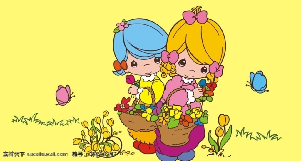 可爱 卡通 小女孩 矢量 儿童 蝴蝶 花朵 花篮 红色 黄色 儿童幼儿 人物图库