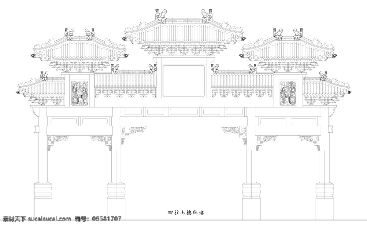 牌楼 四柱 七楼 线描 大图 牌坊 古建 古典 白描 高清 绘画 艺术 传统文化 绘画书法 文化艺术