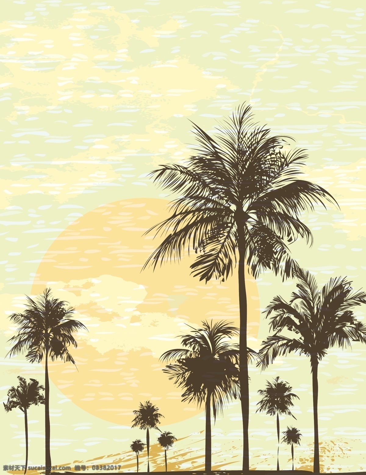 夏日 椰树 插画 矢量 模板下载 夏日海滩风景 沙滩背景 椰树插画 夏日主题插画 底纹边框 矢量素材 黄色