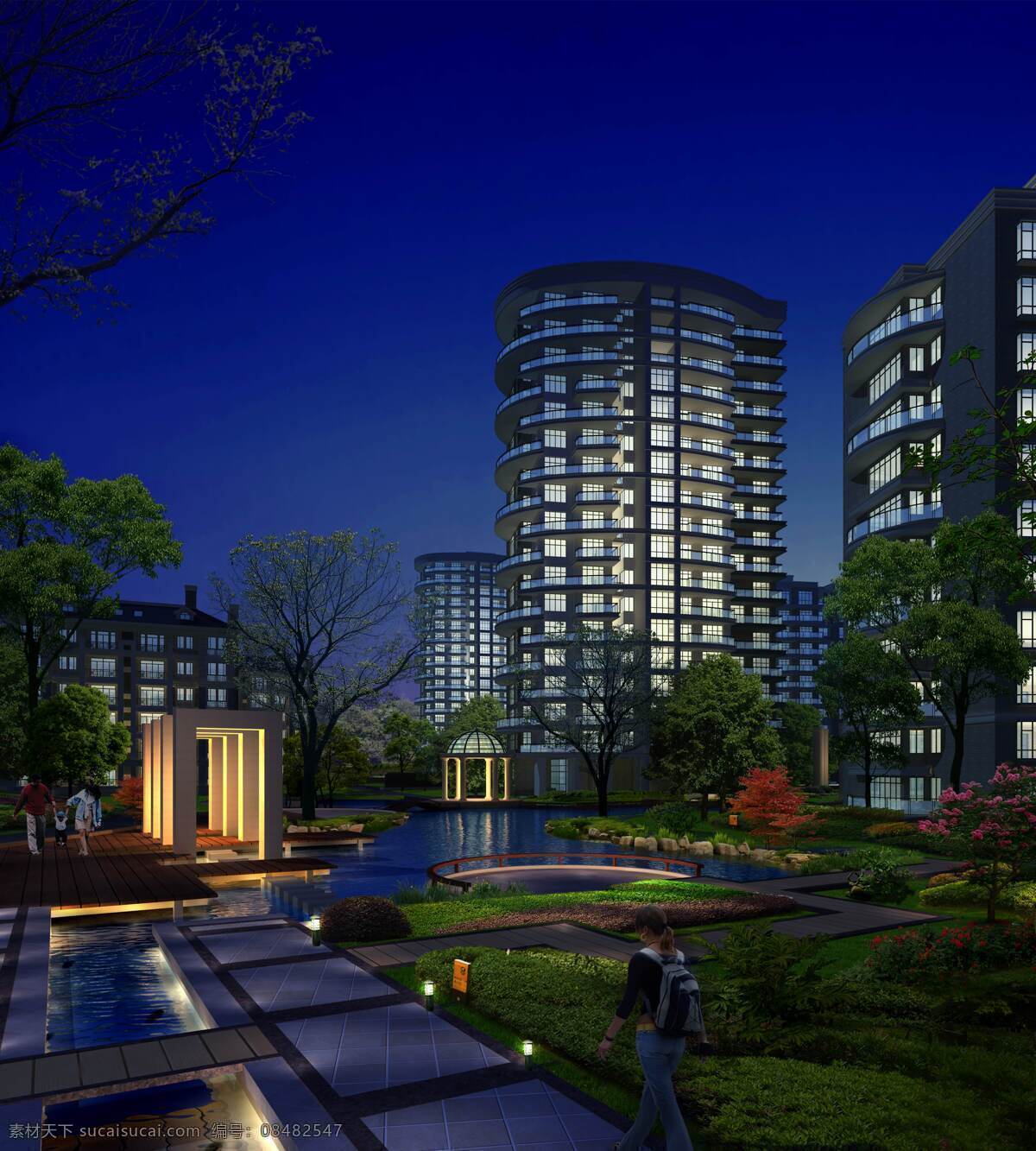 住宅小区夜景 小区夜景 商业住宅 建筑设计 景观设计 3d设计 3d作品 效果图展示