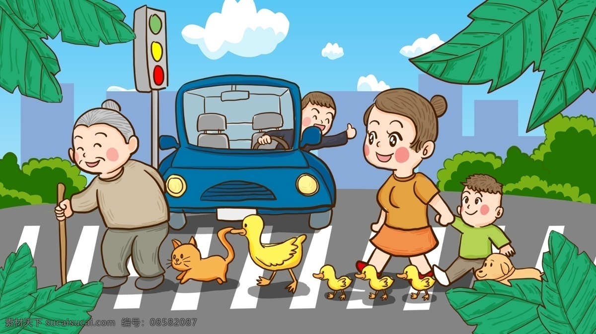 全国 交通 安 全日 人们 秩序井然 马路 手绘 插画 过马路 斑马线 老奶奶 绿灯 安全日