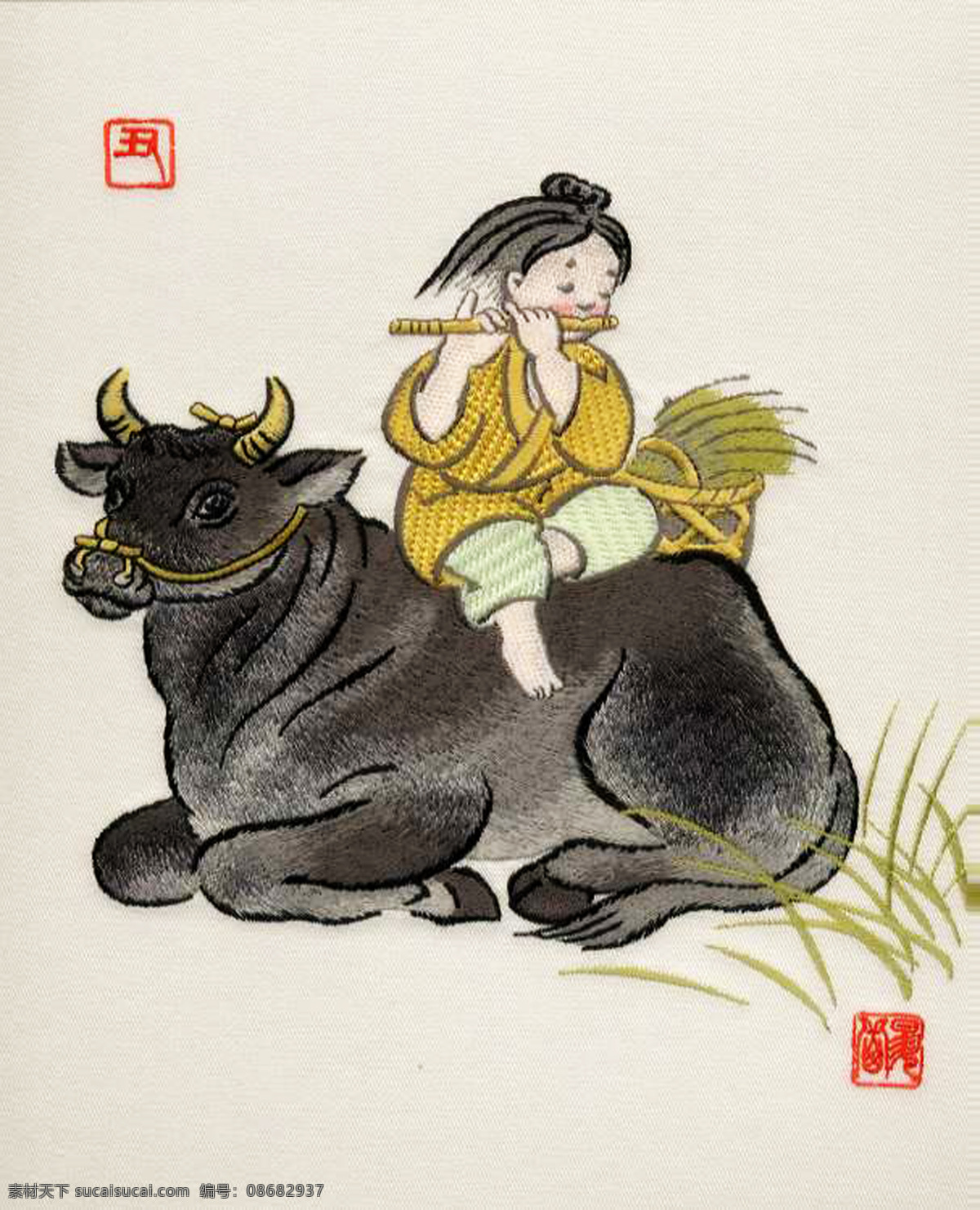 十二生肖 刺绣 丑牛 文化艺术 传统文化 设计图库