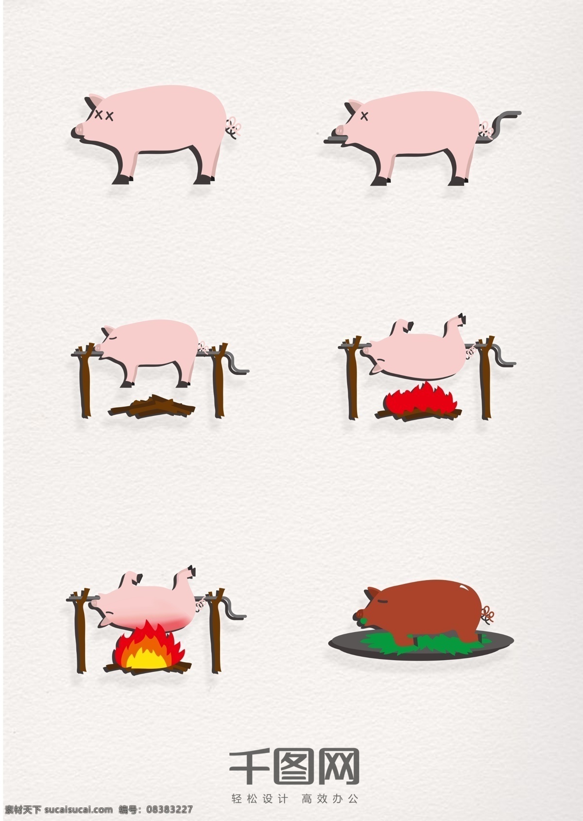 简约 卡通 烤乳猪 步骤 图示 简洁 漫画 猪 烧烤 烤猪 烤乳猪步骤 烤乳猪图示 火