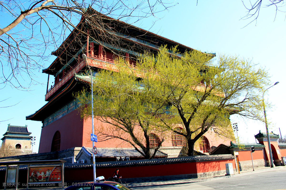鼓楼 春景 春色 春天 古建筑 建筑 建筑摄影 建筑园林 蓝天 绿色 树木 北京的春天 psd源文件