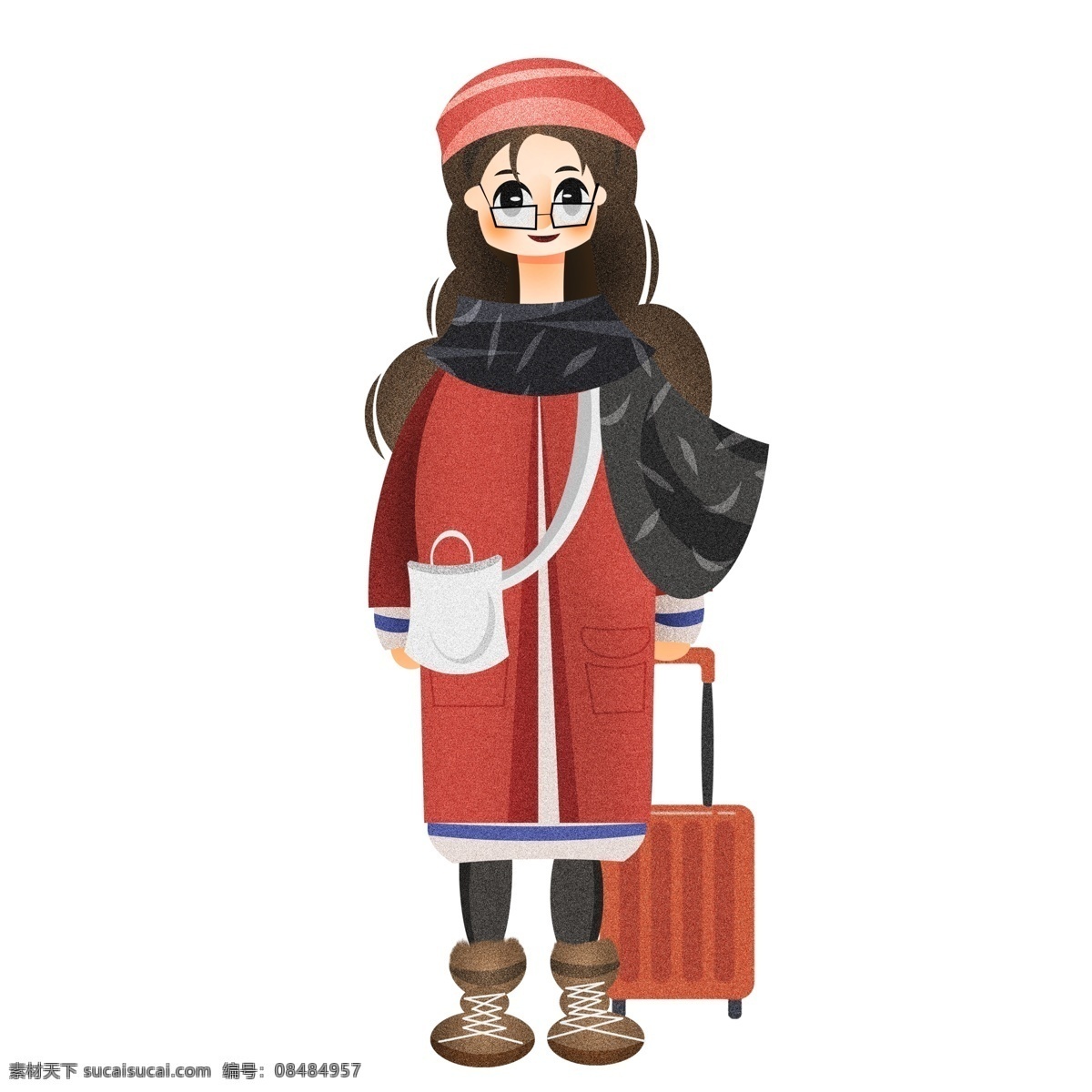 春节 拉 行李 回家 过年 女孩 卡通 插画 人物 复古肌理 行李箱 春运