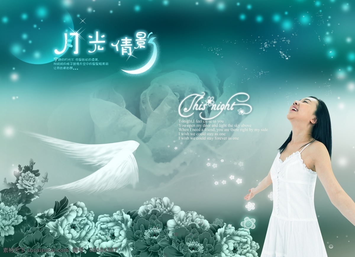 分层 翅膀 花 玫瑰花 美女 牡丹花 人物 星光 月光 倩影 模板下载 月光倩影 艺术字 源文件库 psd源文件