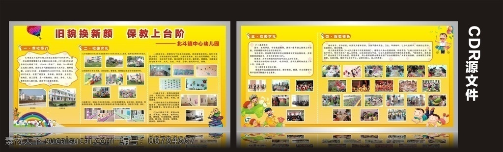 幼儿园展板 幼儿 儿童 教育 教学 学校 卡通 黄色背景展板 幼儿活动展板 幼儿活动照片 海报 幼儿园 展板模板