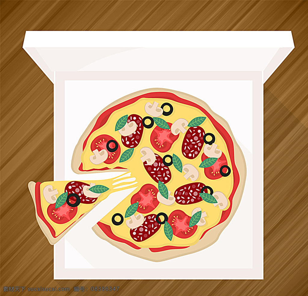 外卖 盒装 披萨 矢量 蘑菇 西红柿 香肠 快餐食品 食物 矢量图 矢量设计 白色