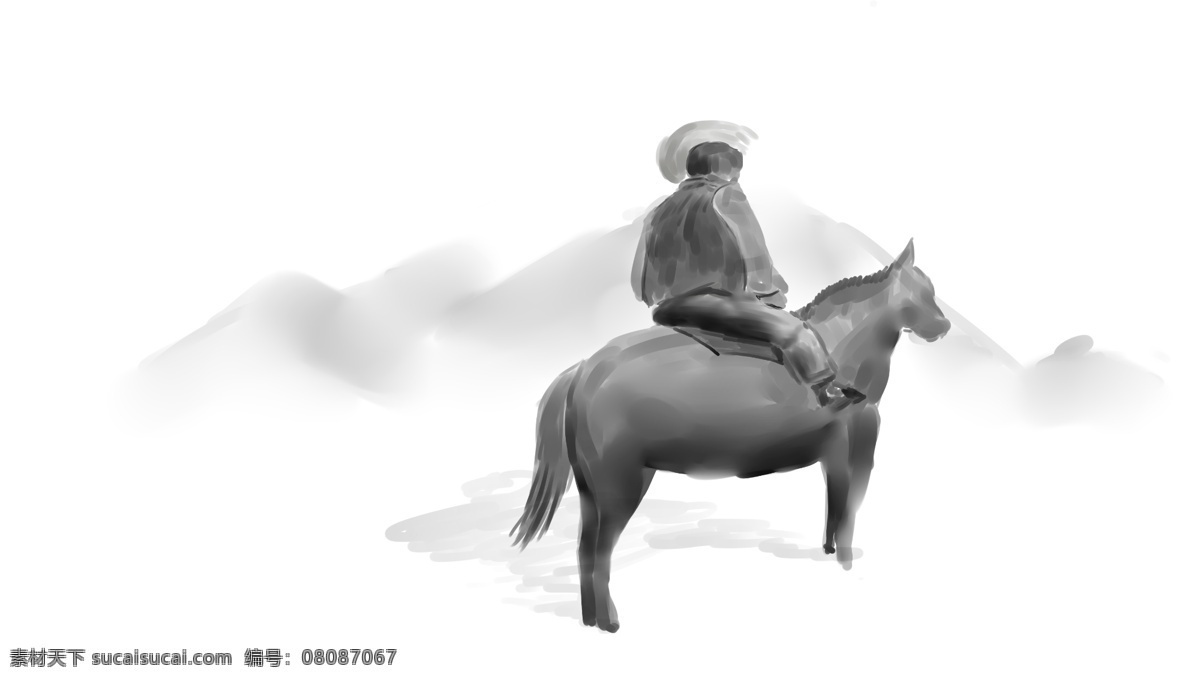 水墨 山水 骑马 装饰 元素 水墨画 水墨山水 山峰 山坡 背影 清明节 重阳节 离别 伤感 灰色色调 男生 汉子