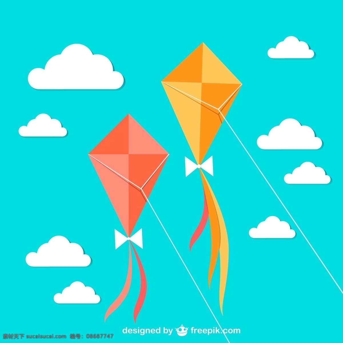 彩色 空中 风筝 蝴蝶结 矢量图 天空 云朵 其他矢量图