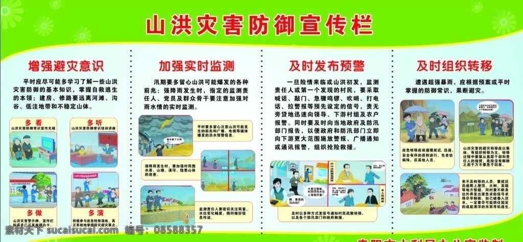 山洪宣传栏 山洪 宣传栏 防洪 知识栏 橱窗 水灾 防水灾 漫画 教育 水利局 防洪四点 佳悦策划 展板模板 矢量