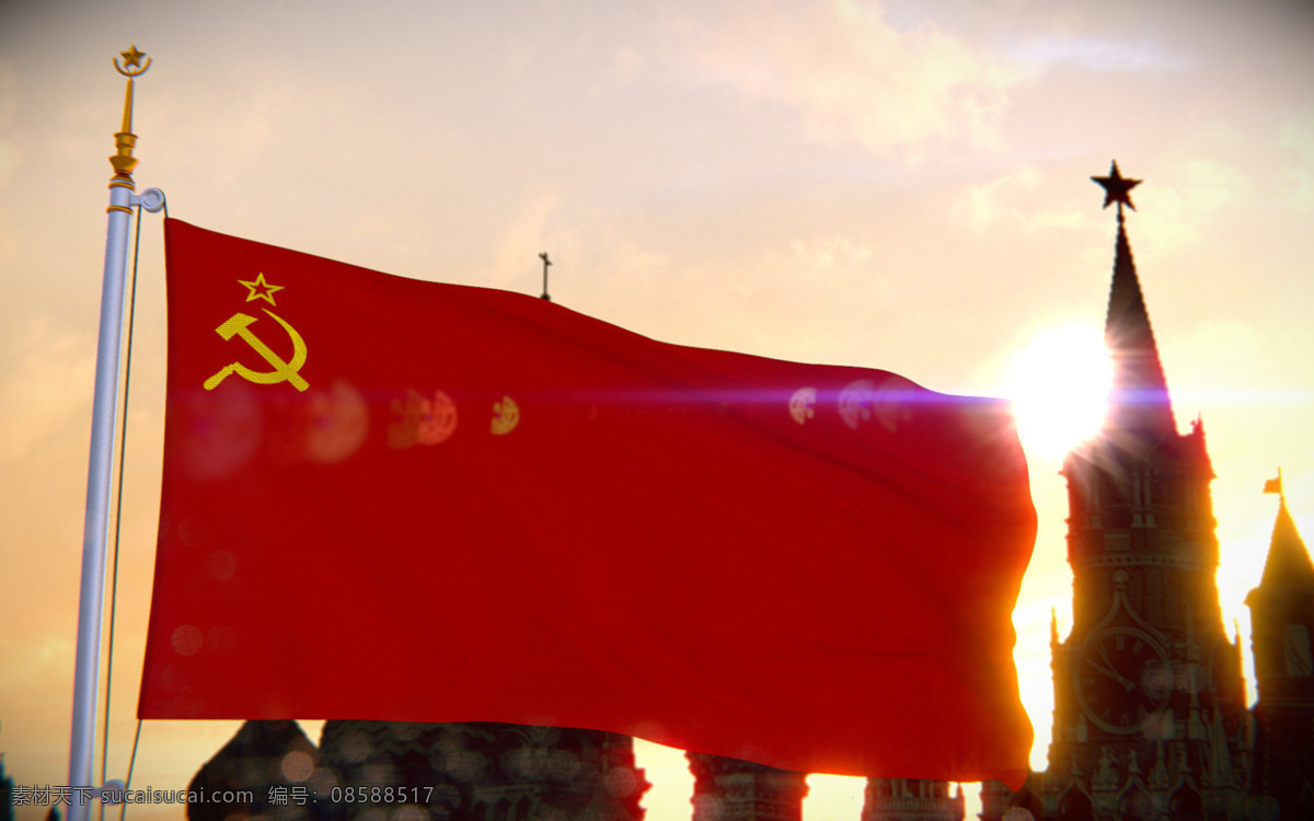 旗帜 共产主义 社会主义 阳光 塔楼 传统文化 文化艺术