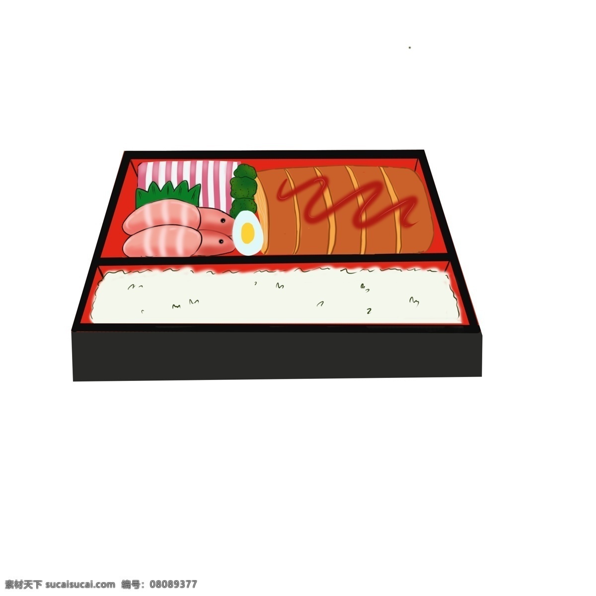 手绘 可爱 卡通 日式 便当 米饭 大虾 猪排 煎鸡蛋 西蓝花 鱼糕