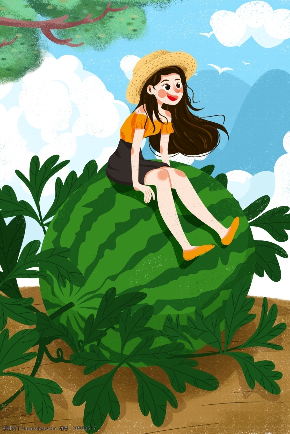 大暑 节气 夏日 夏季 酷夏 炎热 解渴 水果 西瓜 暑假 美女 少女 插画 漫画 卡通 女孩 24节气 小暑 立夏 夏至 初夏 动漫动画 动漫人物