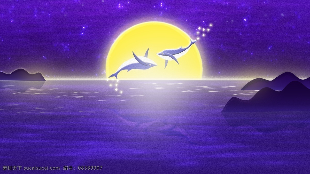 蓝天 下 海水 黄色 月亮 鲸鱼 卡通 背景