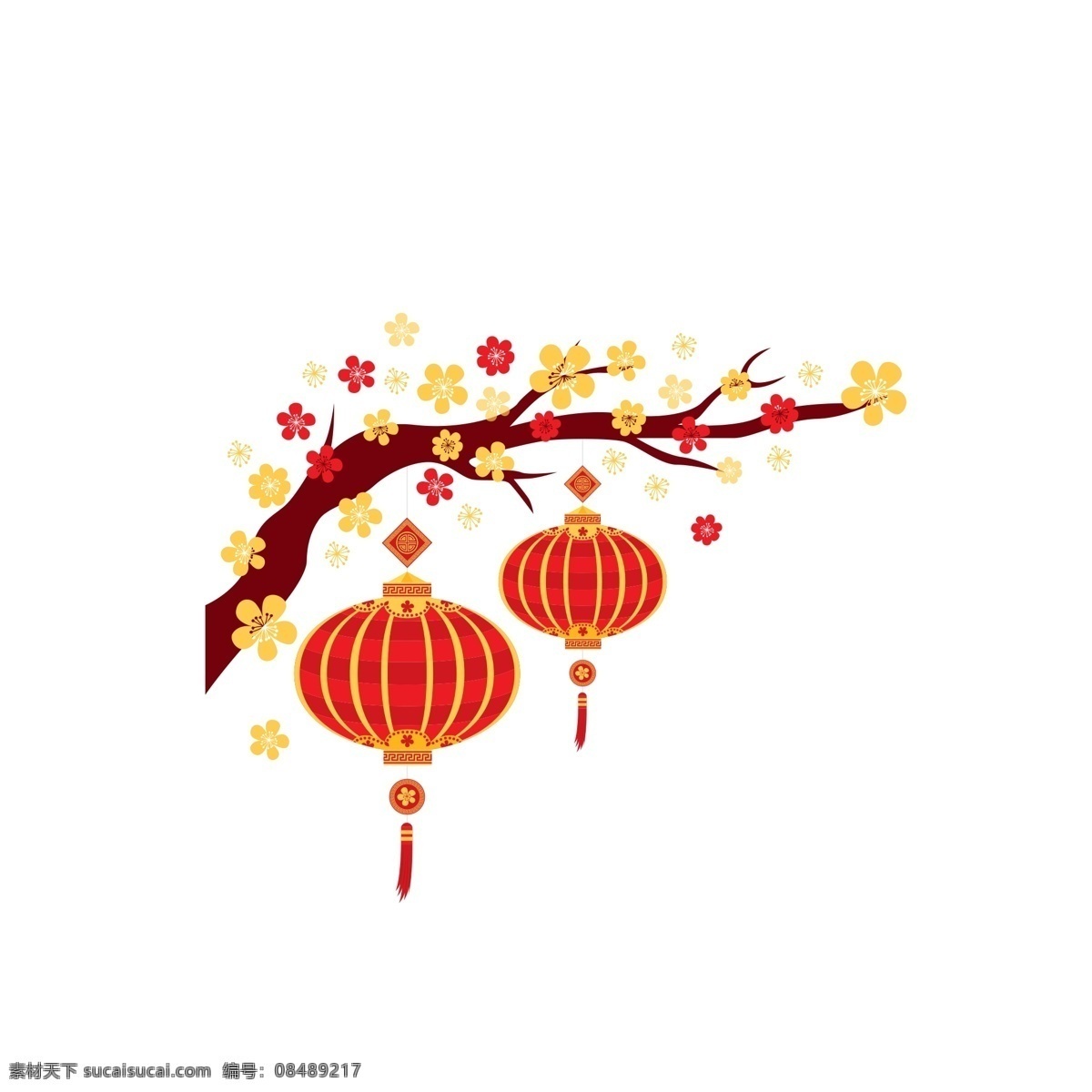 简约 花枝 灯笼 新年 元素 红色 喜庆 设计元素 新年元素 2019 手绘图案 创意元素 手绘元素 psd元素