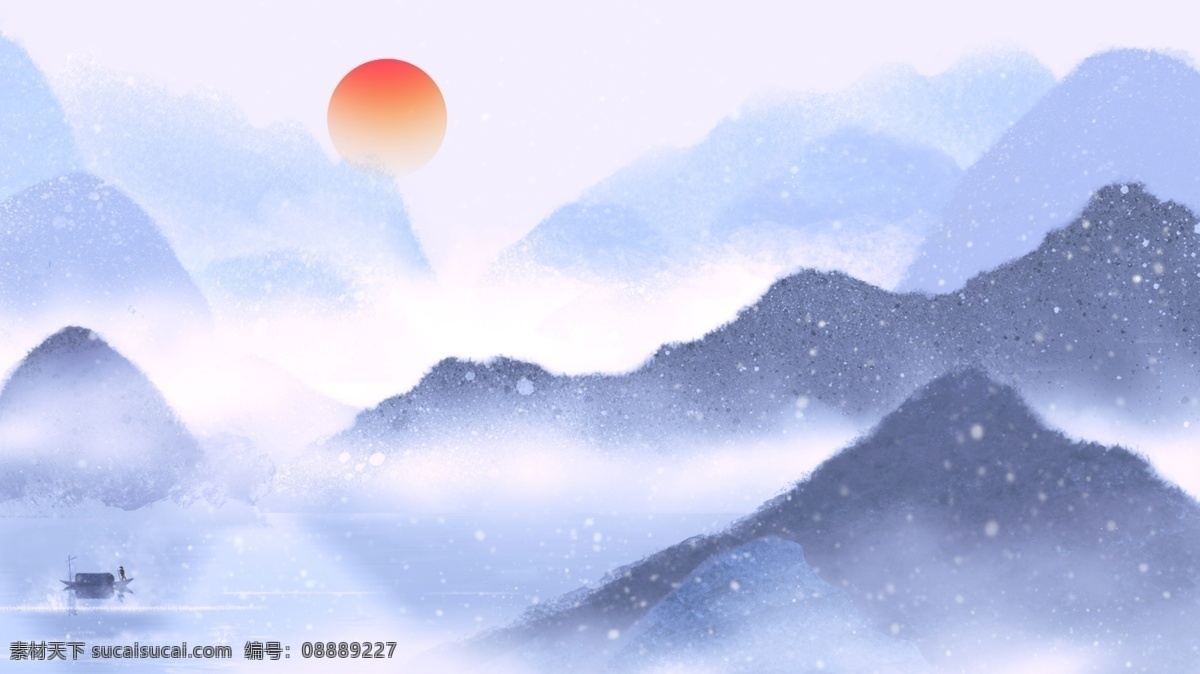 云雾 里 山峰 卡通 背景 云彩 日出 青色