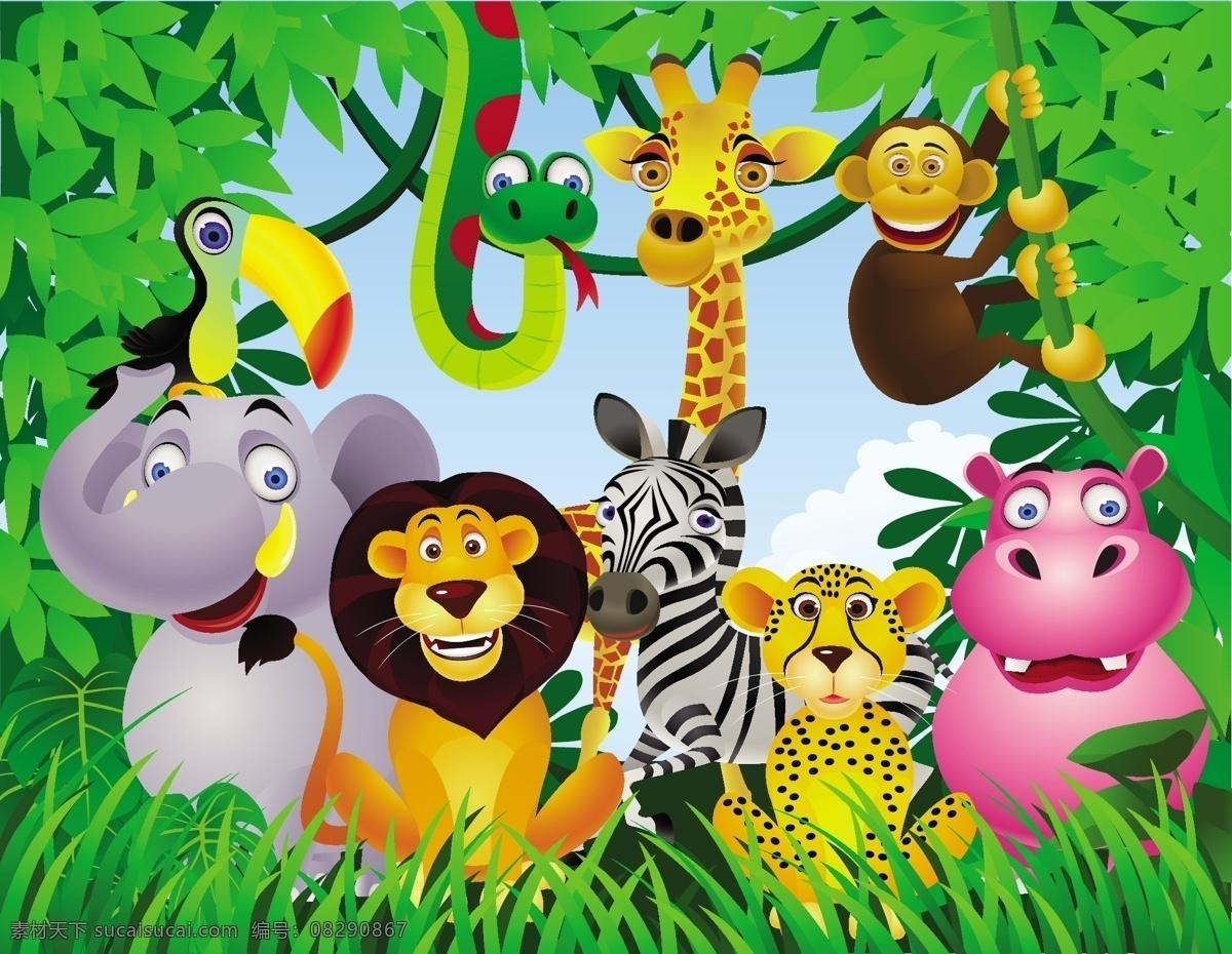 卡通森林动物 热带 狮子 斑马 长颈鹿 大象 猴子 豹子 绿草 绿叶 卡通 森林 动物 手绘 背景 底纹 矢量 动物主题 野生动物 生物世界