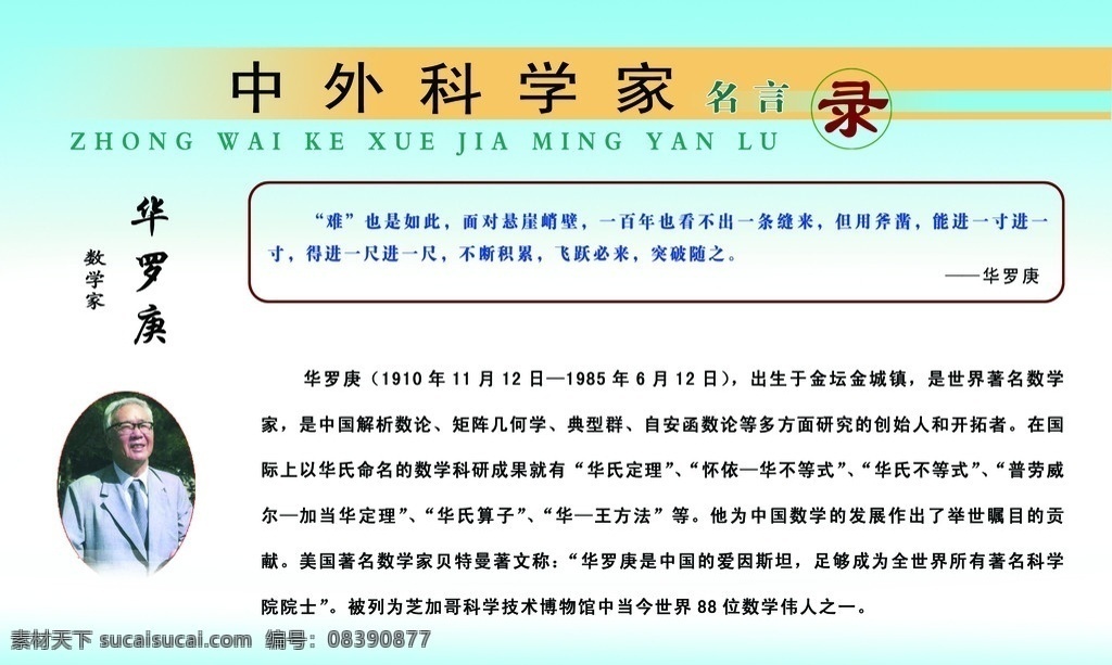 中外科学家 华罗庚 个人简介 照片 华罗庚名言 绿色背景 展板模板 广告设计模板 源文件
