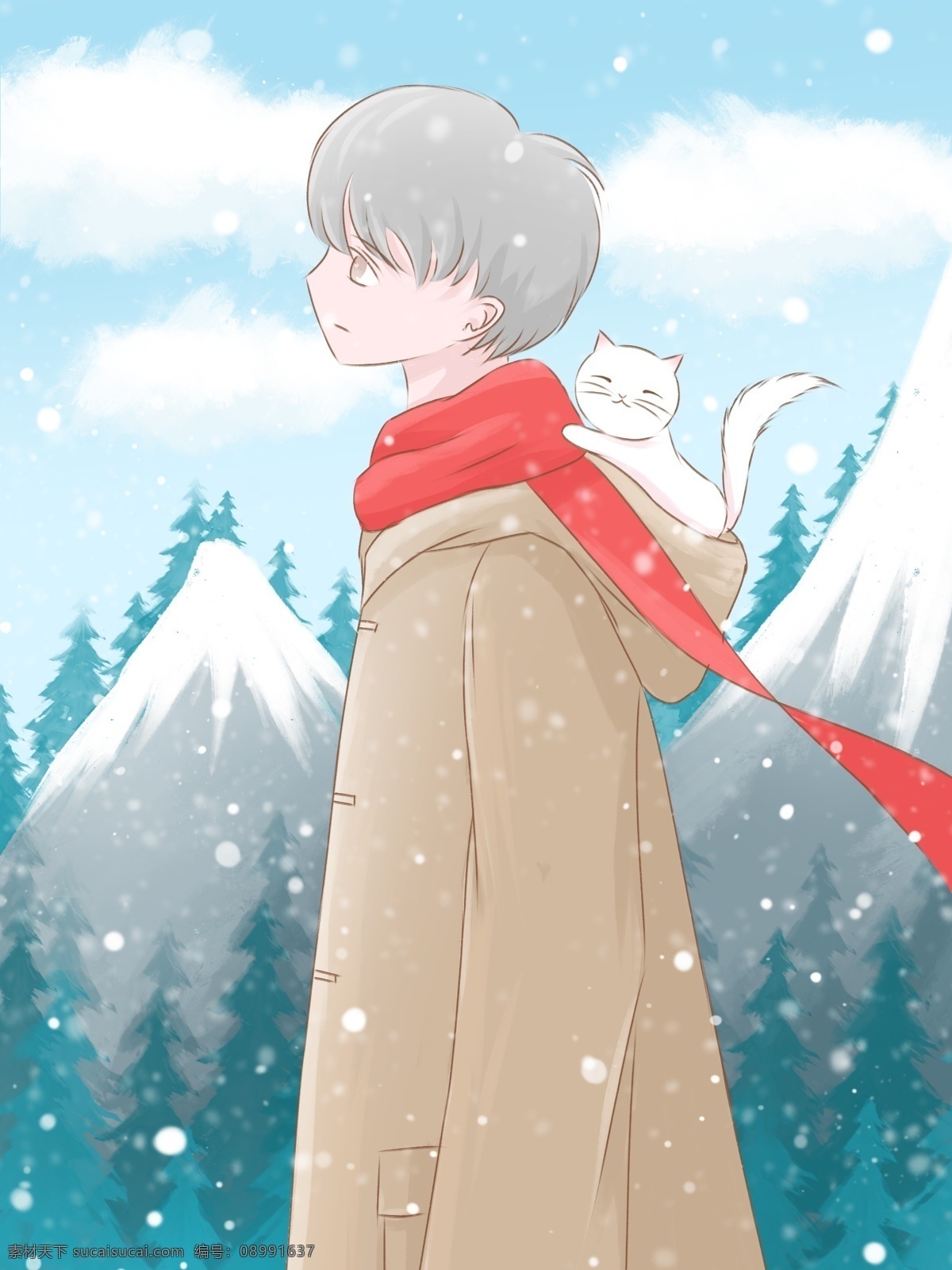 冬天 你好 小 清新 插画 带 小猫 登山 看 雪 男孩 雪景 猫 壁纸 冬天你好 山 治愈 日漫风 背景 日签