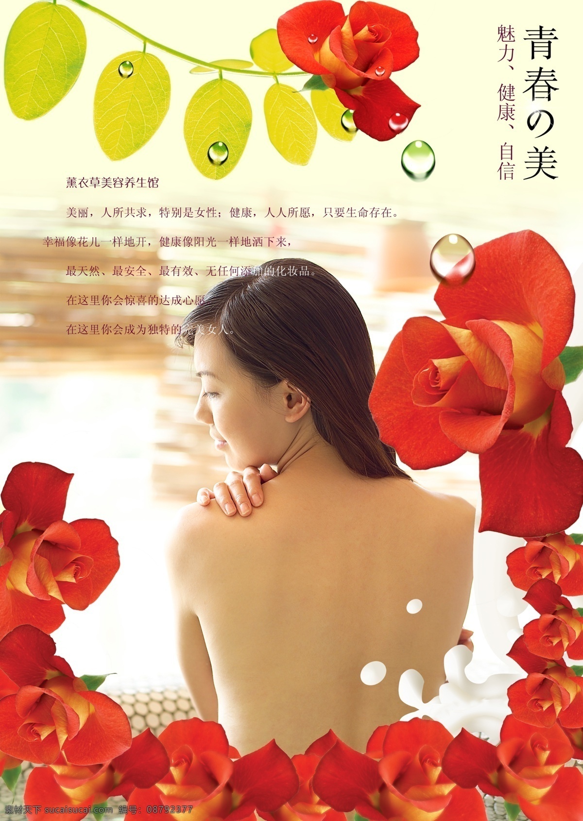 薰衣草 玫瑰 浴 美容 养身 馆 背景 底纹 时尚潮流封面 女子 spa 生活 展板 红色 花朵 特写 美女 女性 家居 女性背影 沐浴 洗澡 招贴 海报 健康自信 绿色 绿 叶子 叶片 天然大自然 飘带丝带 花纹 露水珠 水滴 广告设计模板 国内广告设计 源文件库